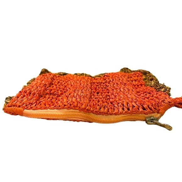 Jamin Puech Paris Hand Crocheted Raffia Straw Orange Zipper Pouch Bag Wallet - Picture 9 of 12